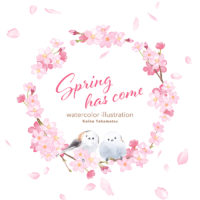 エナガと桜の水彩イラスト