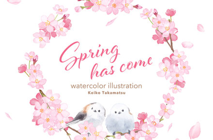 エナガと桜の水彩イラスト
